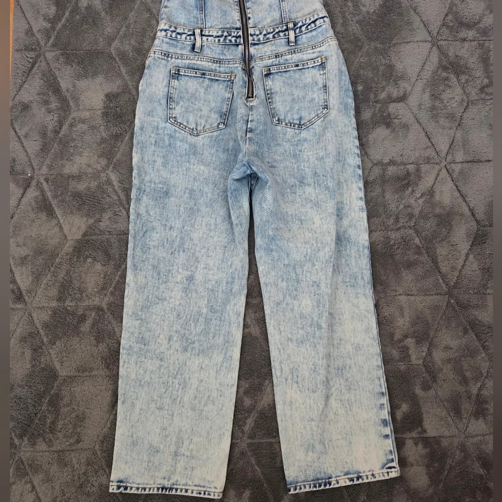 PrettyLittleThing Acid Wash BlueDenim Strapless Jumpsuit Western Boho Glam Y2K 8